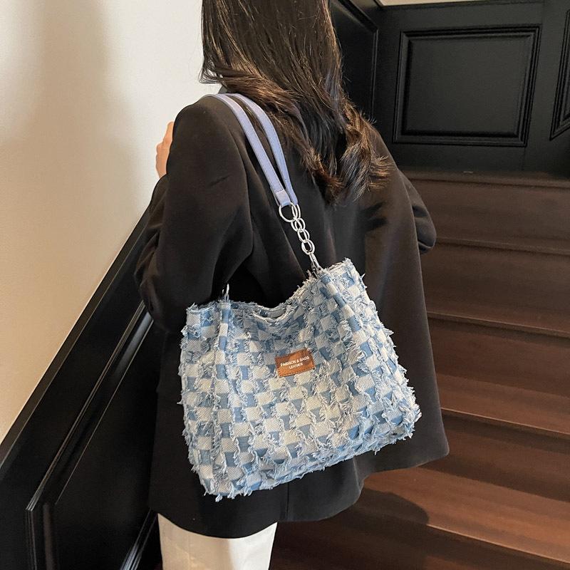 Borsa Tote in Denim a Quadri con Frange Vintage per Donna Grande Capacità Design a Stella Borsa a Spalla Borsa a Mano Casual