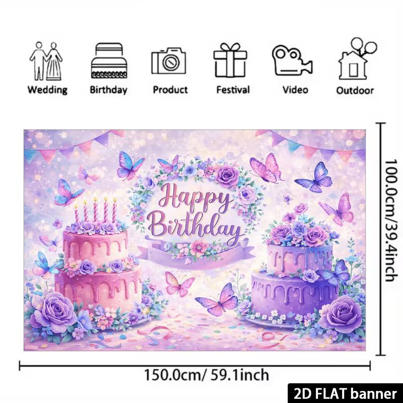 2D Flat Butterfly Birthday Banner Pink Purple Cake & Floral Themed Party Backdrop for Girls