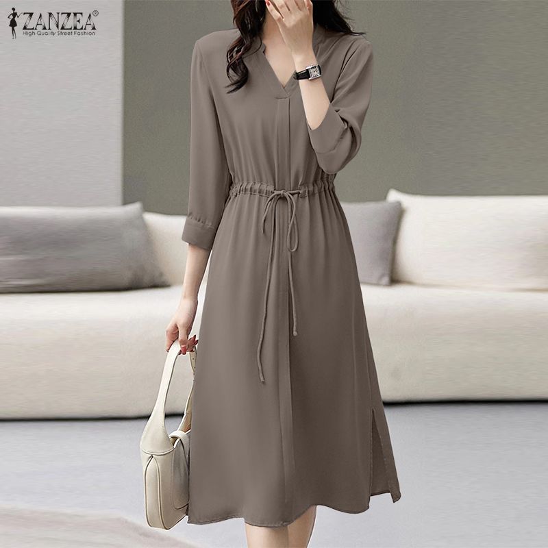 ZANZEA Women Casual V-Neck Solid Color 3/4 Sleeve Dress