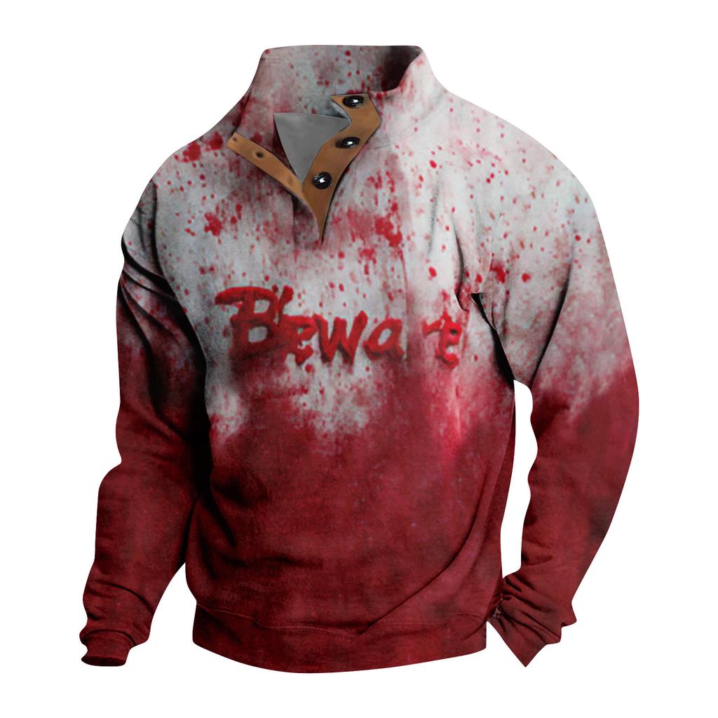 Men's Casual Fashion Christmas Printed Hoodless Sweatshirt Wide Men's Loose Button Stand Collar Hooded Sweatshirt