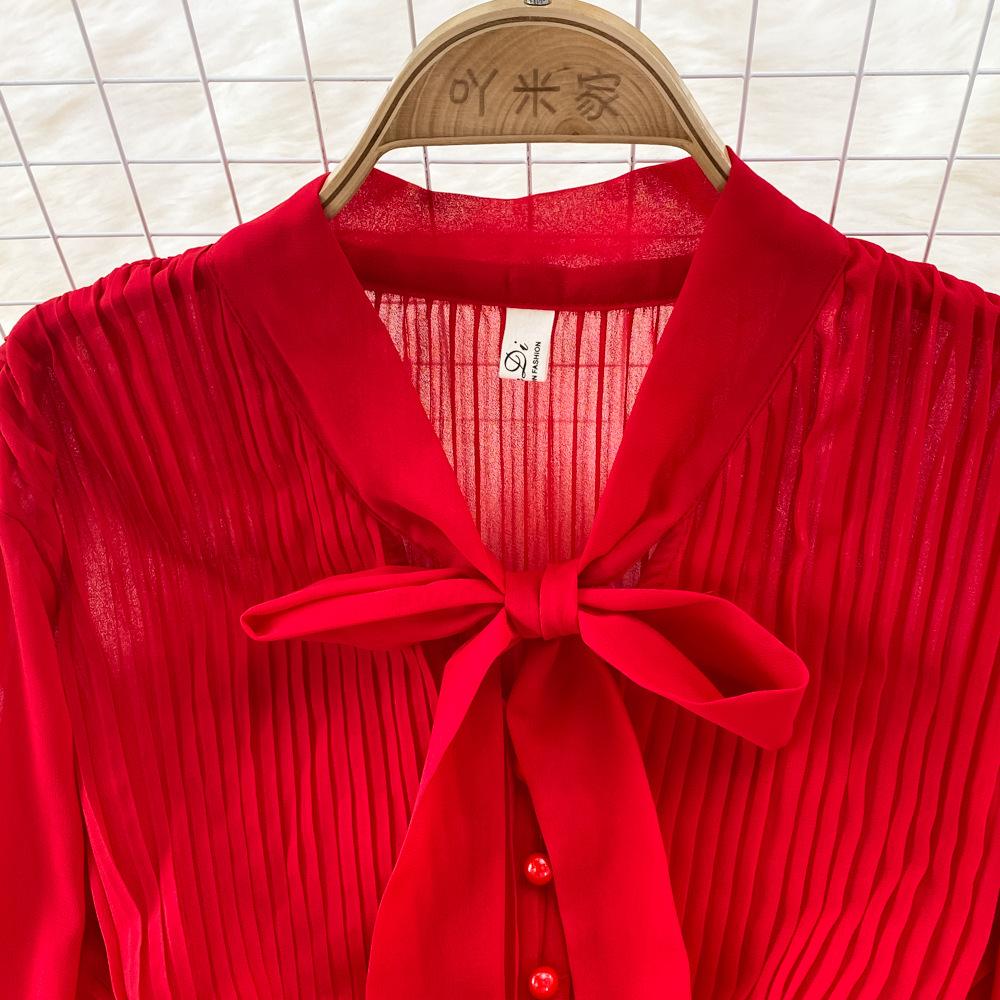 Herbst Vintage Frauen Langes Kleid Elegante Bogen Kragen Laterne Ärmel Einreiher Plissee Maxi Weibliche Rot Lila Kleider