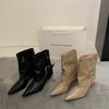 Pointed toe heel trouser boots women's autumn and winter new design sense versatile niche Spice Girl medium boots fried street short boots
