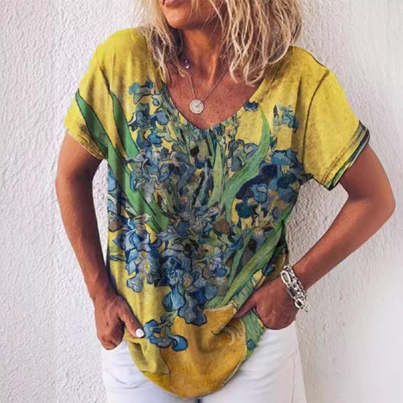 Camiseta de Verano para Mujer con Estampado Floral, Cuello en V, Holgada y de Manga Corta