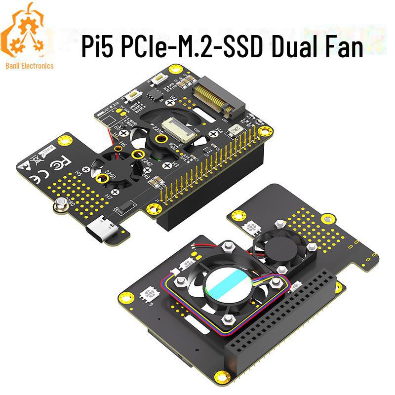 

Raspberry Pi 5 PCIe to M.2 NVMe SSD 2280 Expansion Board with Dual Fans