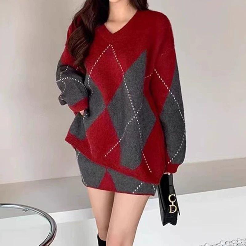New soft waxy contrasting color rhombus grid knitted sweater set autumn and winter lazy wind comfortable and loose two-piece set