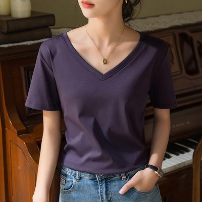 80 Double-sided Mercerized Cotton Short-sleeved T-shirt for Women's New Women's V-neck Pure Cotton T-shirt Belly Cover Top