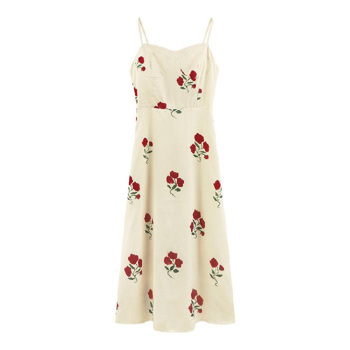 French Floral Suspender Skirt Women's Summer Retro Rose Temperament Satin Dress Sleeveless Fashion Long Skirt