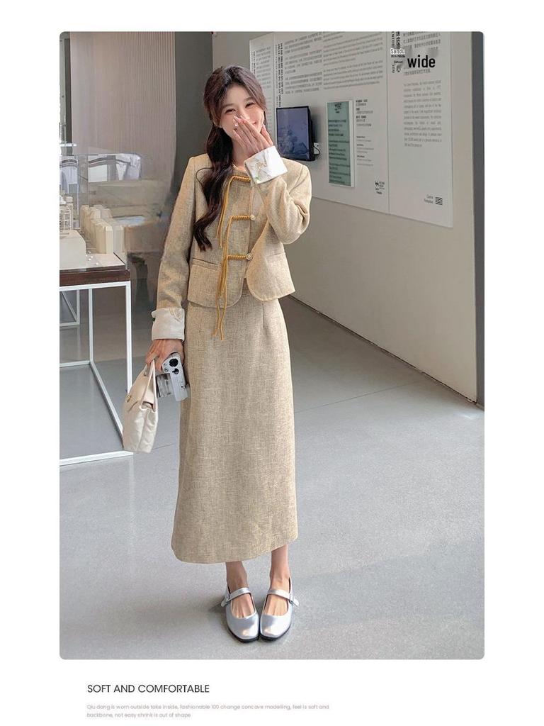 Khaki Chinese Style Women's Autumn 2026 Frog Button Top & Skirt Set