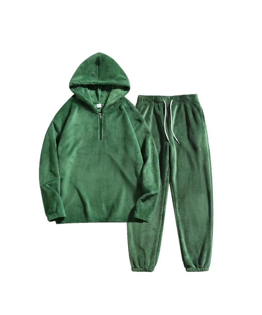 Autumn and winter suit men's fashion thermal hooded sweater solid color wool sweatpants casual sports two-piece set