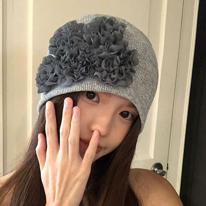 Retro Three-dimensional Flower Stacking Hat Children's Summer Thin Spring and Autumn Knitted Cold Hat