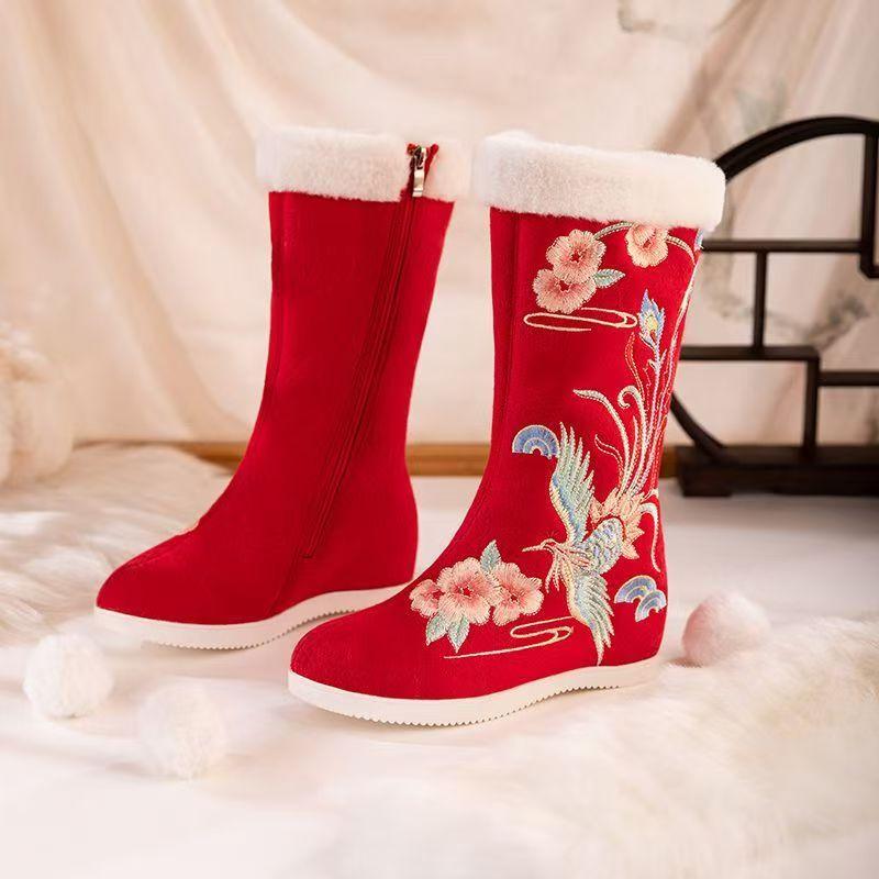 Women Winter New High Top Embroidered Cotton Boots Ethnic Style Round Toe Increased Internal Plush Keep Warm Red Wedding Boots