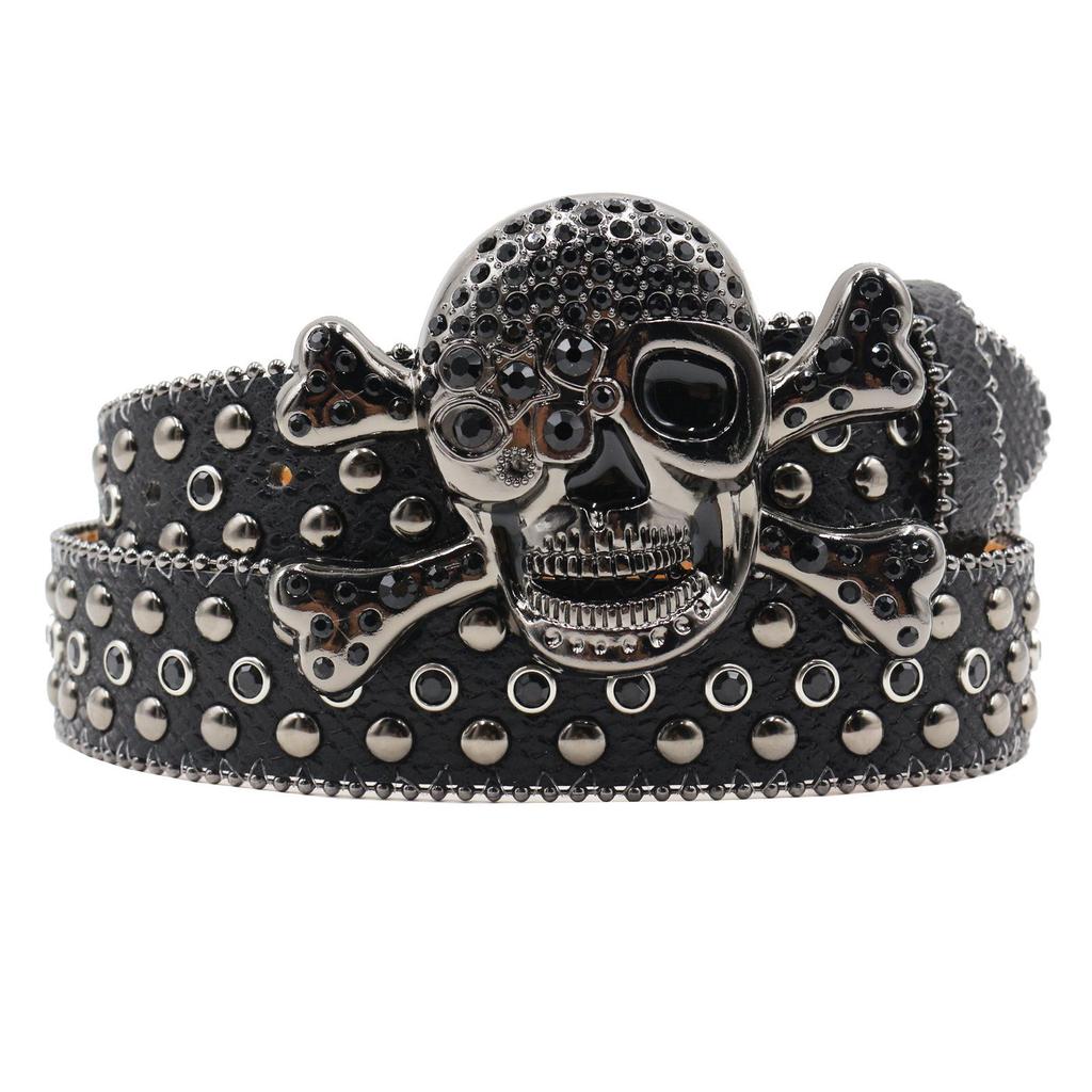 Retro Snake Print Rhinestone Skull Buckle Unisex Jeans Belt - Hip Hop Punk Fashion