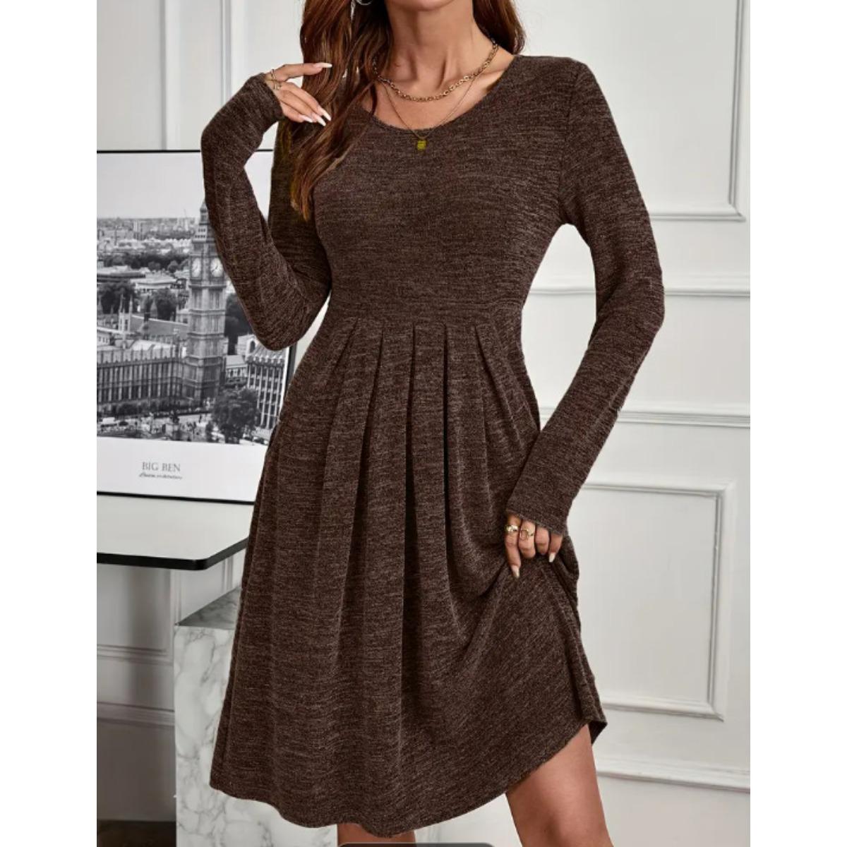 Elegant Solid Color Women s Dress, Crew Neck Long Sleeve Autumn Winter Dress S