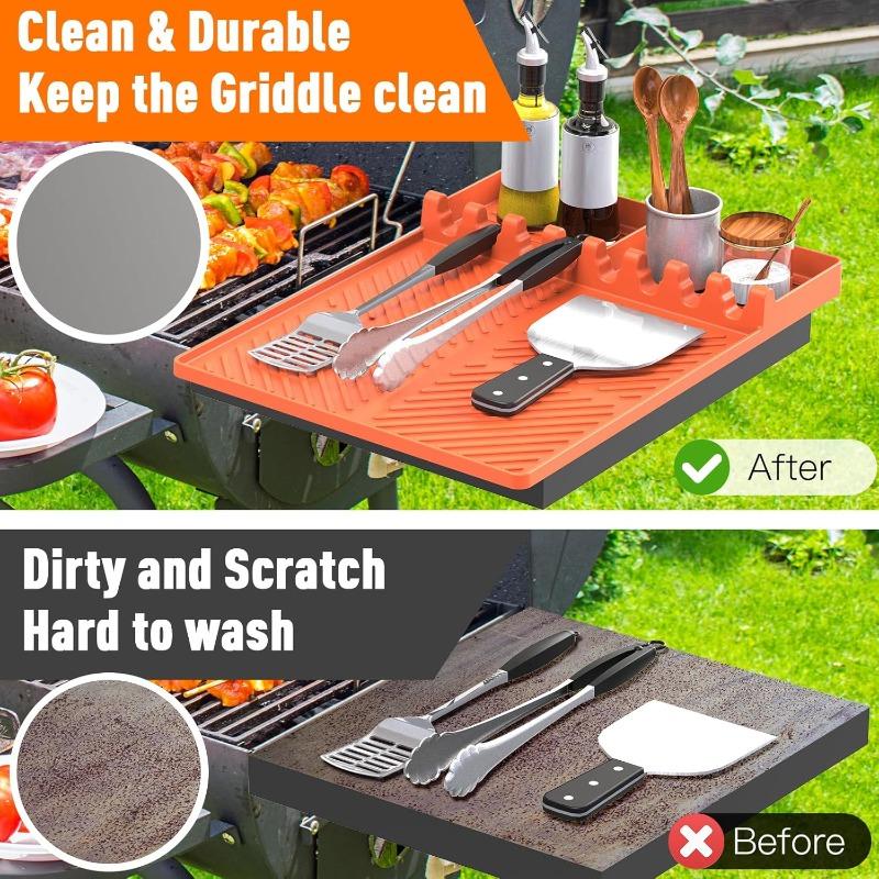 Heat Resistant Silicone Grill Tool Holder Mat with Side Shelf Drip Pad for Blackstone BBQ Utensils Kitchen Countertop