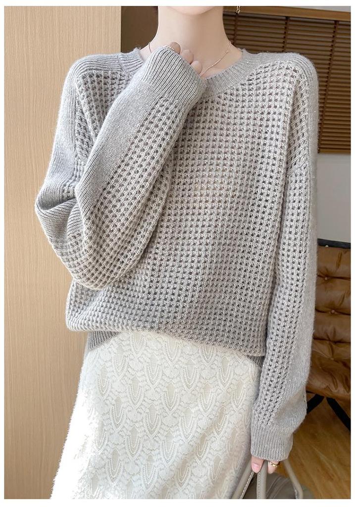 Women's 100% Wool Knit Sweater - Round Neck, Versatile Slimming Style, Cashmere Pullover, Cardigan Base Layer