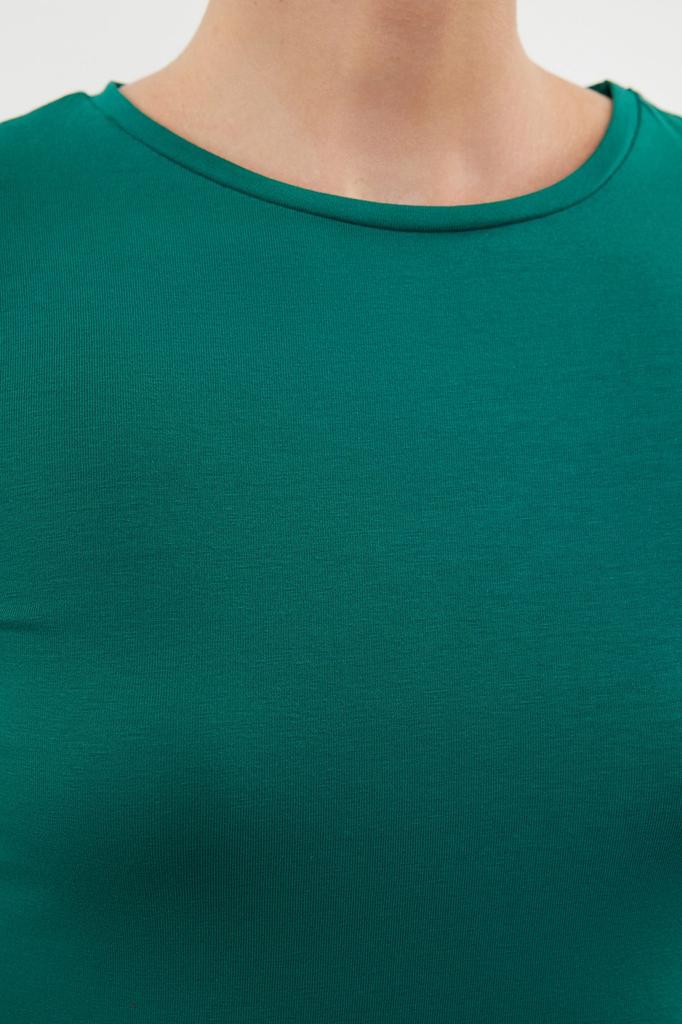 Women's Style Dress Emerald Green Short Sleeve Fitted Cotton Stretchy Midi Knitted Dress