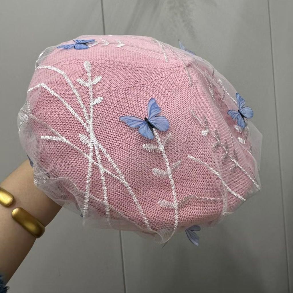 Women's Hat Mesh Sun Hat Women's Summer 3d Butterfly Embroidery Fisherman Beret Fashion Lace Painter Hat Sun Protection Cap