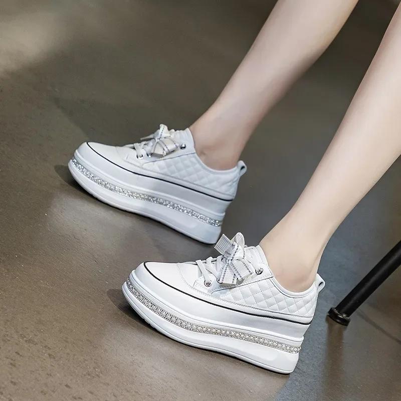 6cm Neue Echtes Leder Plateau Keilabsatz Schuhe Zapatos De Mujer Bling Vulkanisierte Klobige Sneaker Pumps Plateau Damenmode