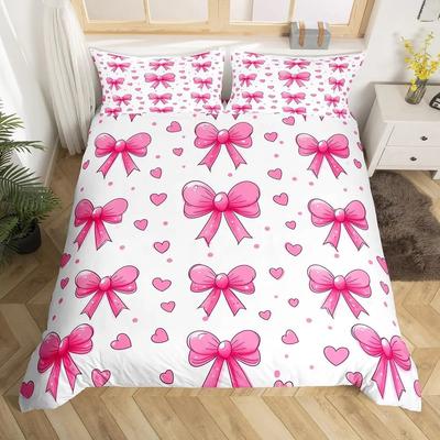 3D Bowknot Print Duvet Cover Set, Cute Bow Heart Pattern Bedding Set, Soft Microfiber Quilt Cover With Pillowcases