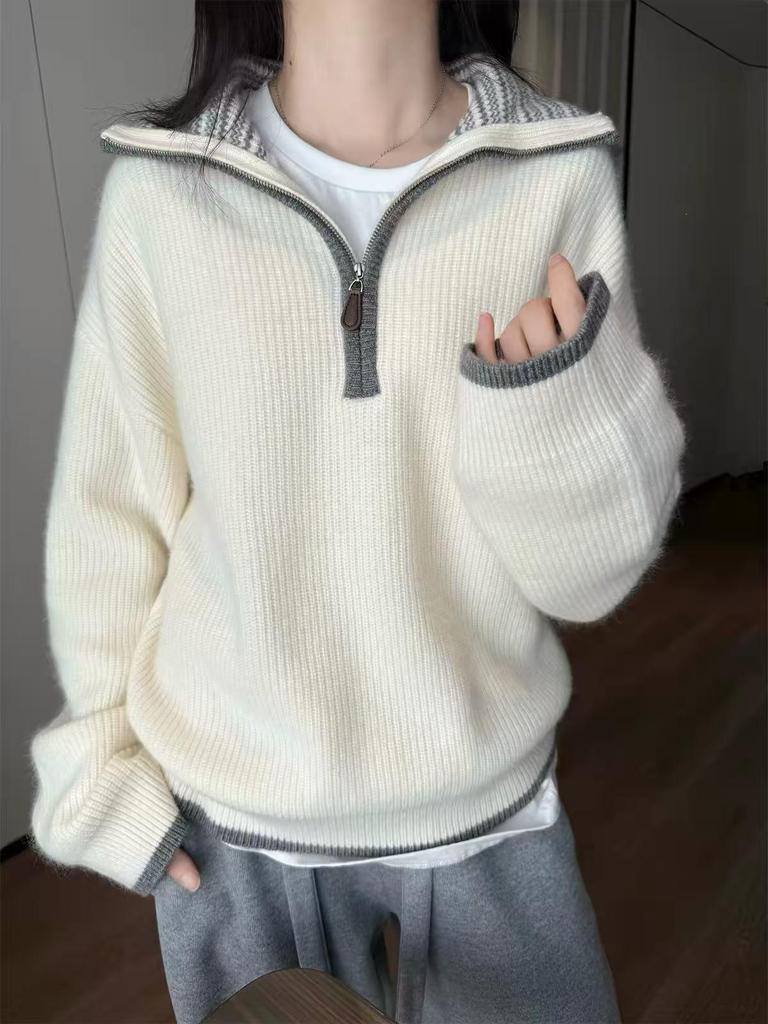 Women's Korean Style Color Block Wool Sweater - Loose Fit Half-Zip Knitwear for Autumn/Winter