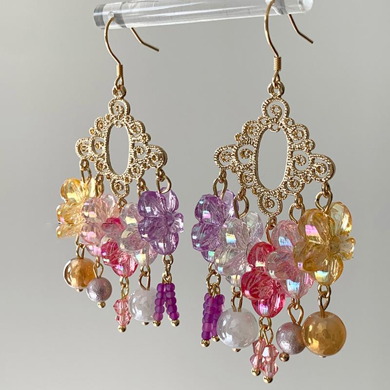 

Bohemian ethnic style flower earrings retro personality fringed earrings dopamine design ear hook
