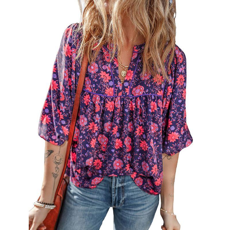 American Shiying Spring New Arrival Florals V Neck Chiffon Shirt Women 2025 Fashion Fashion Colorblock Half Sleeve Tops