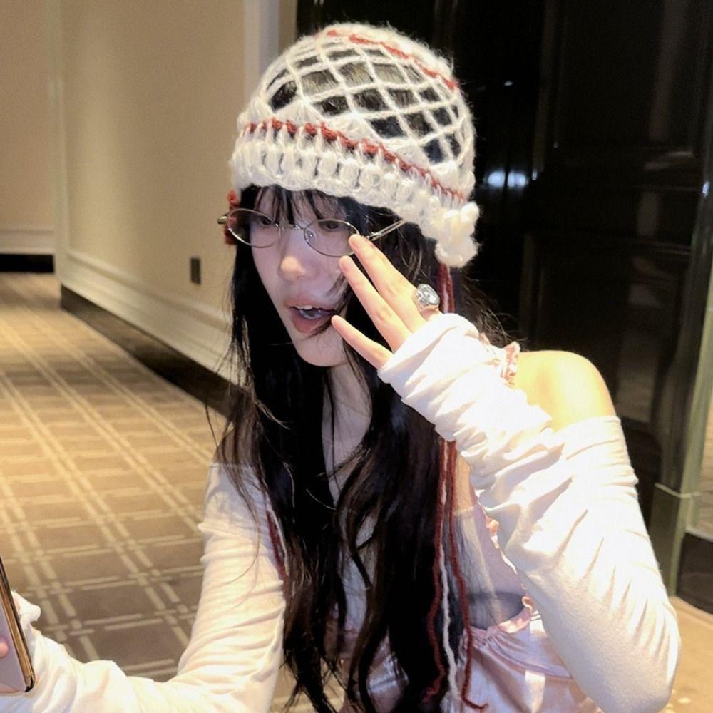 

Weave Hollow Knitted Beanies Hat Butterfly Korean Crochet Cap Vintage Tassel Pullover Hat Autumn зелений