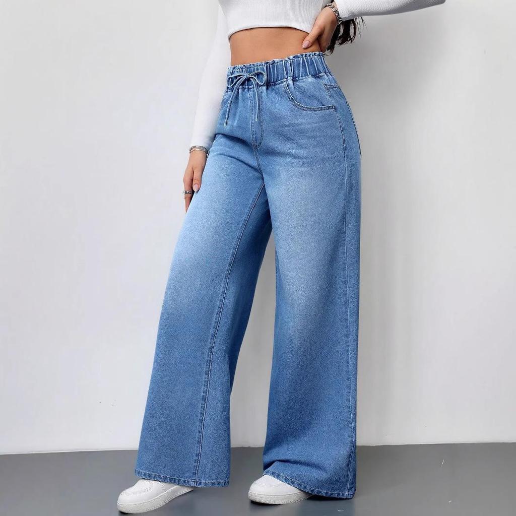 Wide Leg Pants Jeans Women Washed Denims Elastic Waist Lace Up Distressed Vintage Streetwear Female Full Length Loose Trousers
