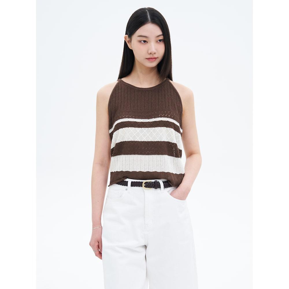 8seconds Openwork Striped Sleeveless Pullover Brown
