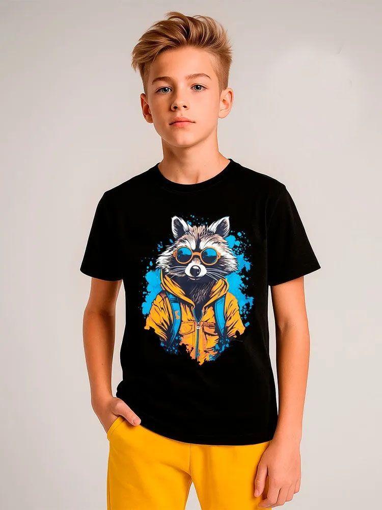 Children s Cool Fox Print Short Sleeve Cotton Top 140cm чёрный