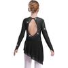 Girls Sparkly Rhinestones Dance Dress Mesh Long Sleeves Cutout Back Asymmetric Hem Figure Skating Dress