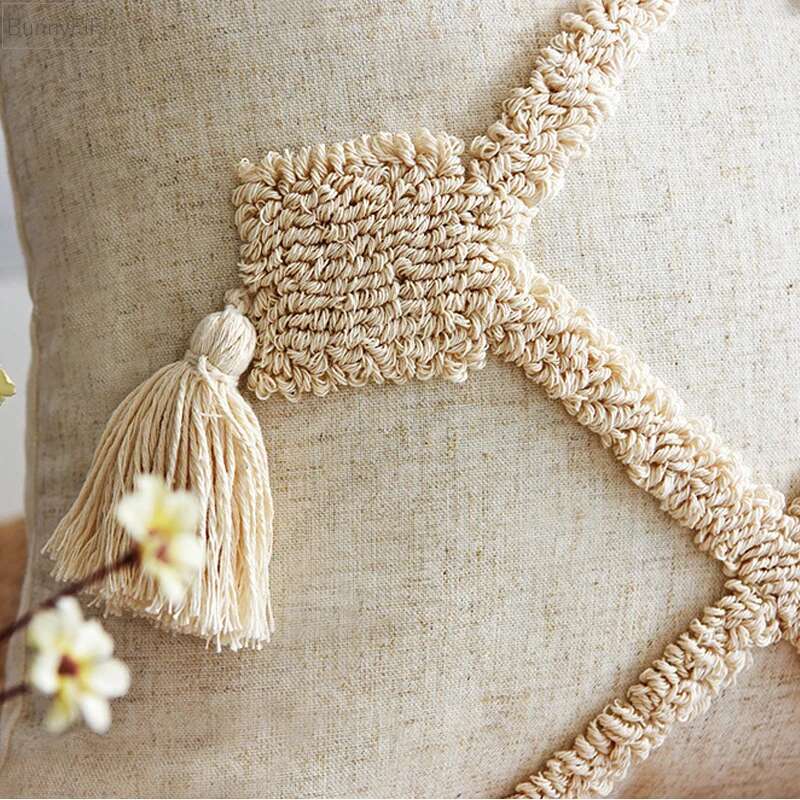 Boho Linen Cushion Cover 45x45cm / 30x50cm – Beige Neutral Tassel Throw Pillow Case for Living Room, Bedroom Decor