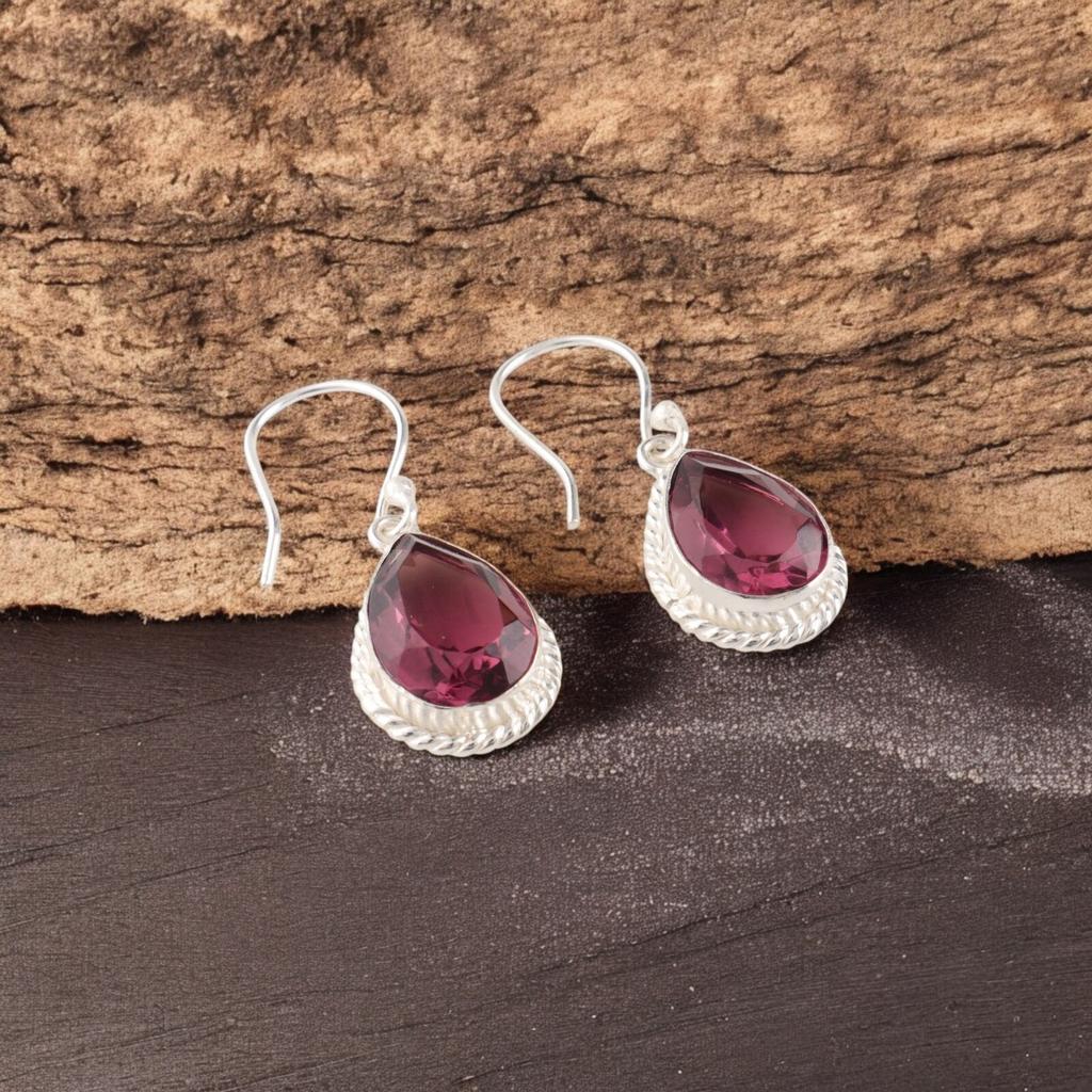 Natural Rhodolite Gemstone 925 Sterling Silver Jewelry Handmade Earrings 1.40" EE-9-37