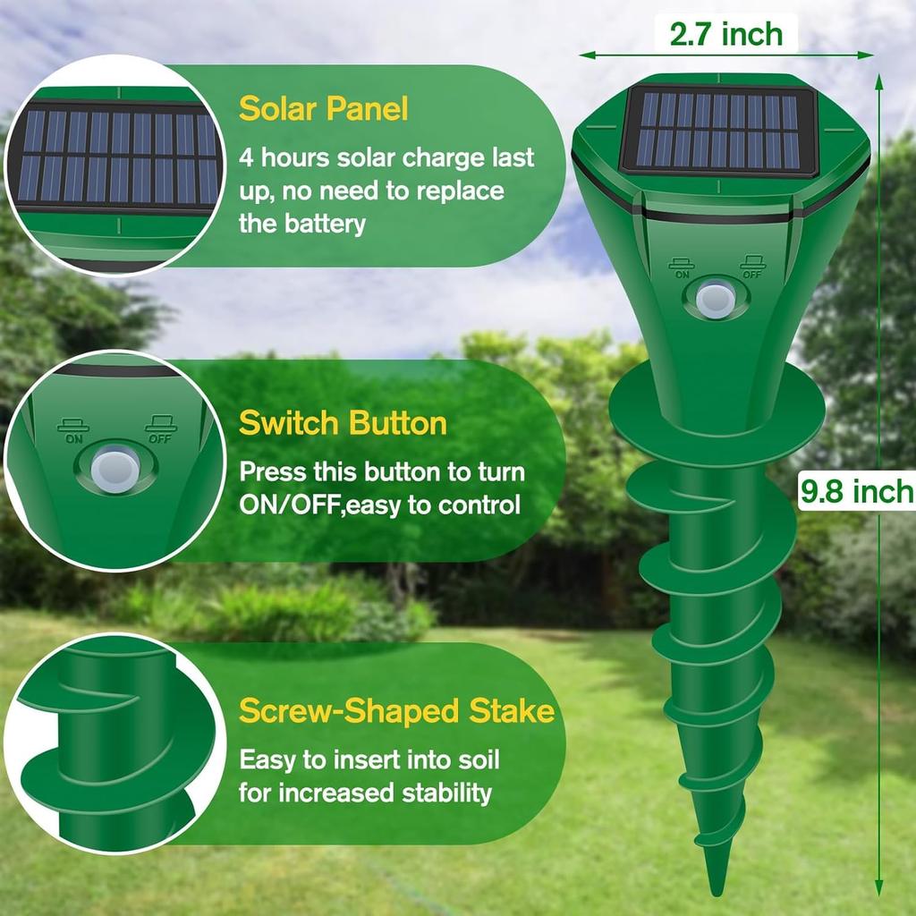 Outdoor Ultrasonic Mouse Repellent, 2024 Solar Mouse Repellent, Waterproof Sonic Mouse Repellent, Gopher Repellent for Garden and Lawn (2 Pcs)