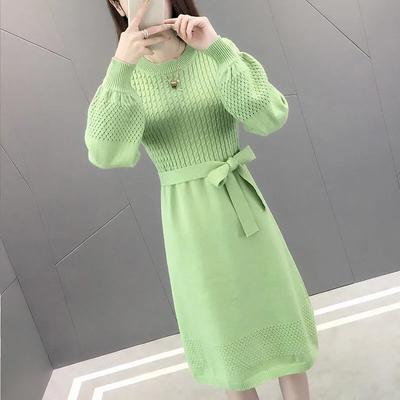 Women Autumn Long Sleeve Knitted Sweater Dress Winter Solid Color Lantern Sleeve Elegant Dresses