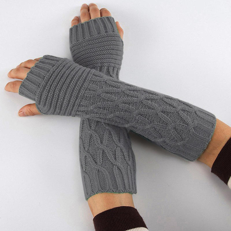 Women's Knitted Long Hand Gloves Warm Embroidered Winter Gloves Fingerless Arm Sleeve Wrist Guard