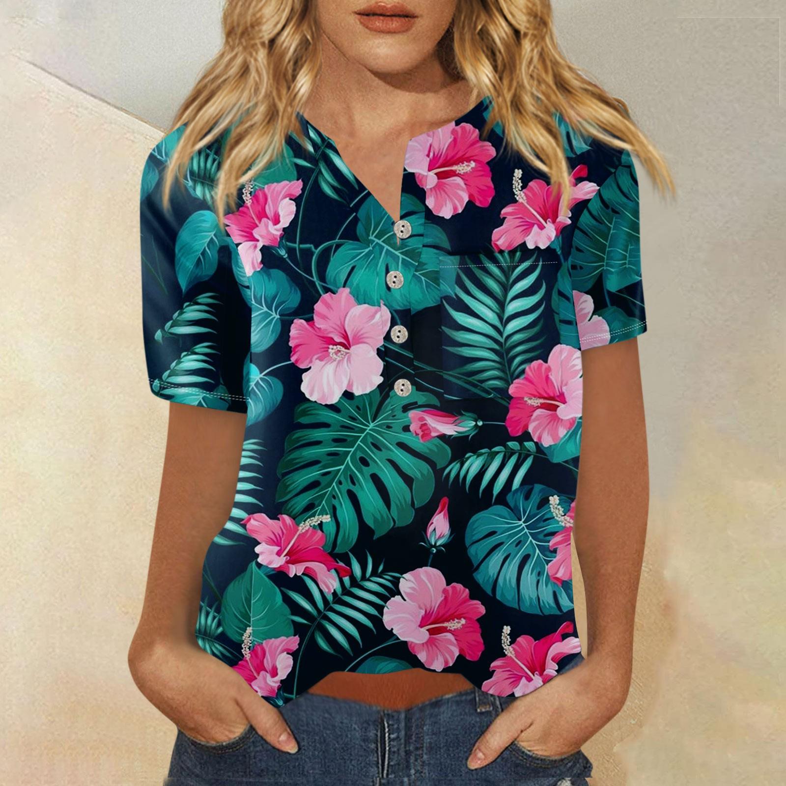 

Гавайская рубашка для женщин, модная повседневная рубашка с коротким рукавом и принтом на пуговицах, блузка L розовый