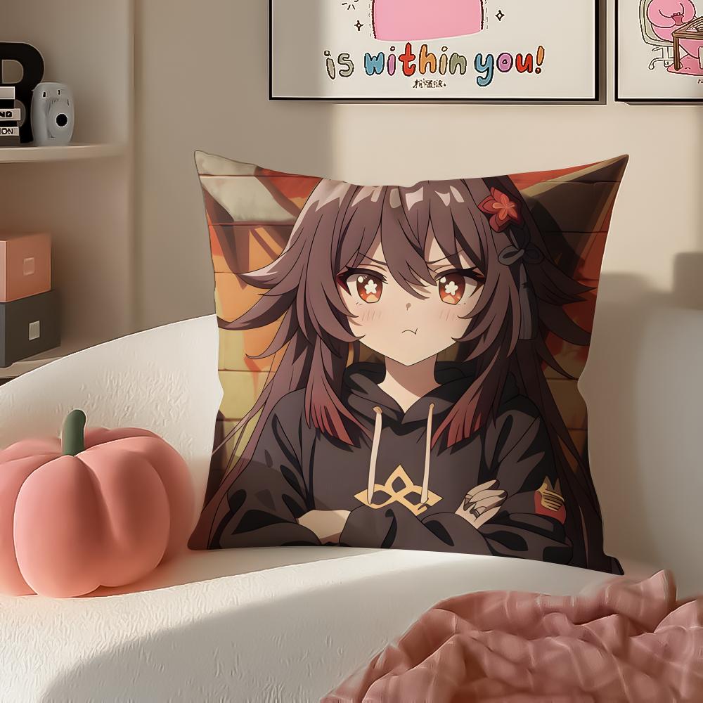 Game Genshin Hu Tao Cushion Cover Pillowcase Short Plush Invisible zipper Room Sofa Cushion Cover