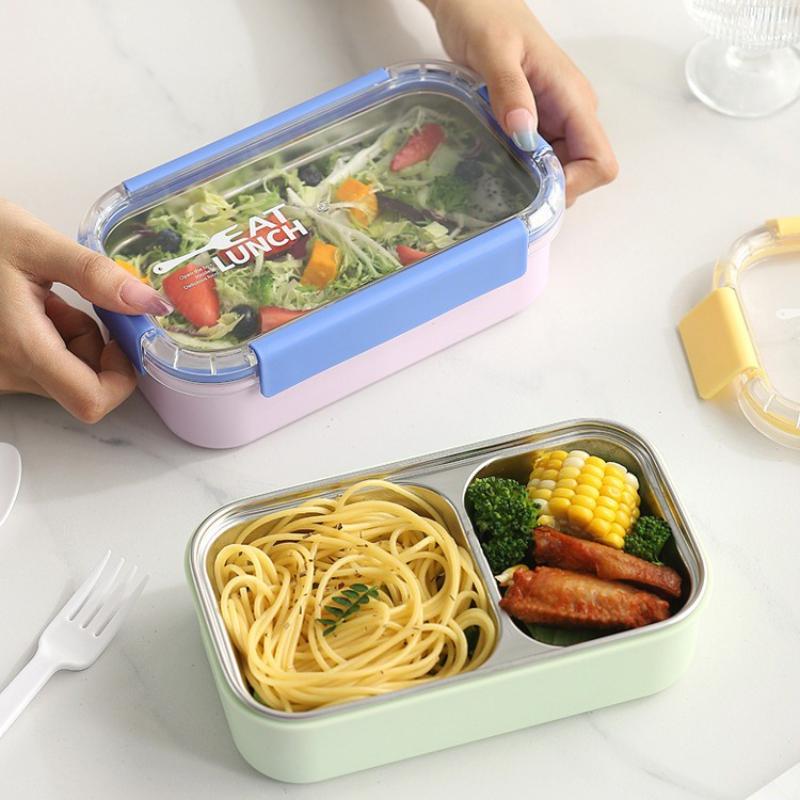 Portable Lunch Box 304 Stainless Steel Bento Box Microwave Available Heating Student Office Staff Food Container with Fork Spoon