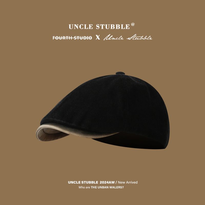 

British Style Corduroy Advance Hats Spring & Fall New Arrival Thunder Hat Easiest for Match Face-Showing Small Hat Painter Octagonal Cap Newsboy Cap Black