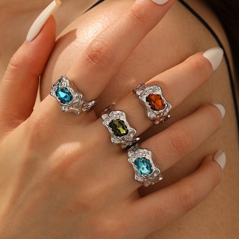 Fashion Liquid Wind Crystal Opened Rings Set for Women Punk texture Irregular Personality Finger Ring Party Daily Jewelry