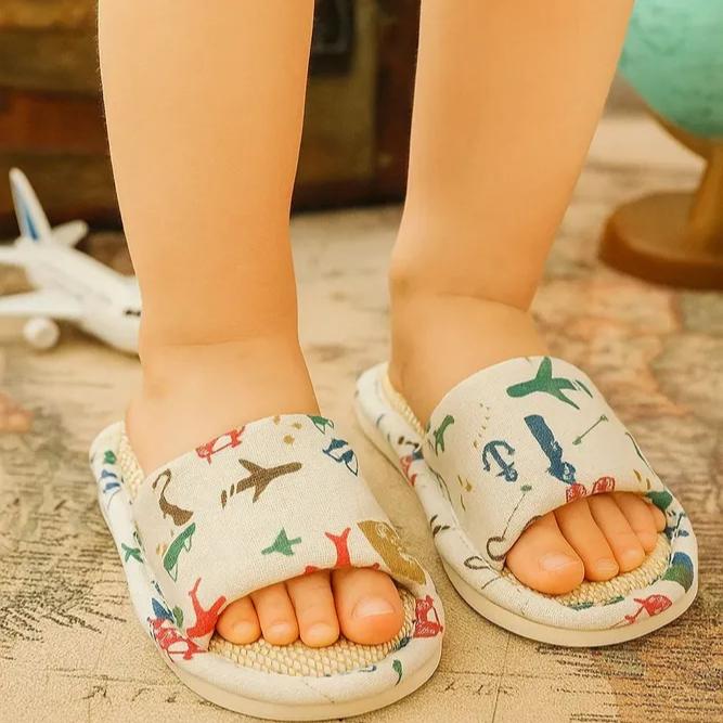 Kids Linen Slippers Cartoon Cute Boys Girls Indoor Non-Slip Absorbent House Shoes
