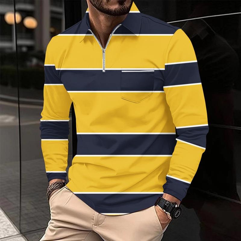 Men's Printed Polo Shirt with Zipper Pocket Sports Long Sleeved Polo Shirt
