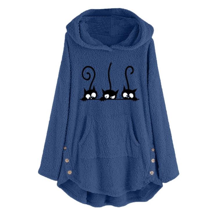 Warm Plus Size Women Fleece Hoodie with Cat Embroidery Button Sweater Blouse Top