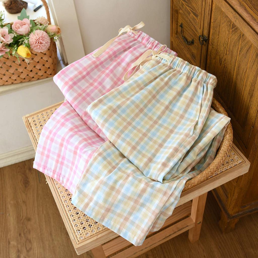 2026 Neue Frühjahr/Sommer Damen Schlafanzughose 100% Baumwolle Musselin Hose Kariert Lässig Locker Hausanzug Hose