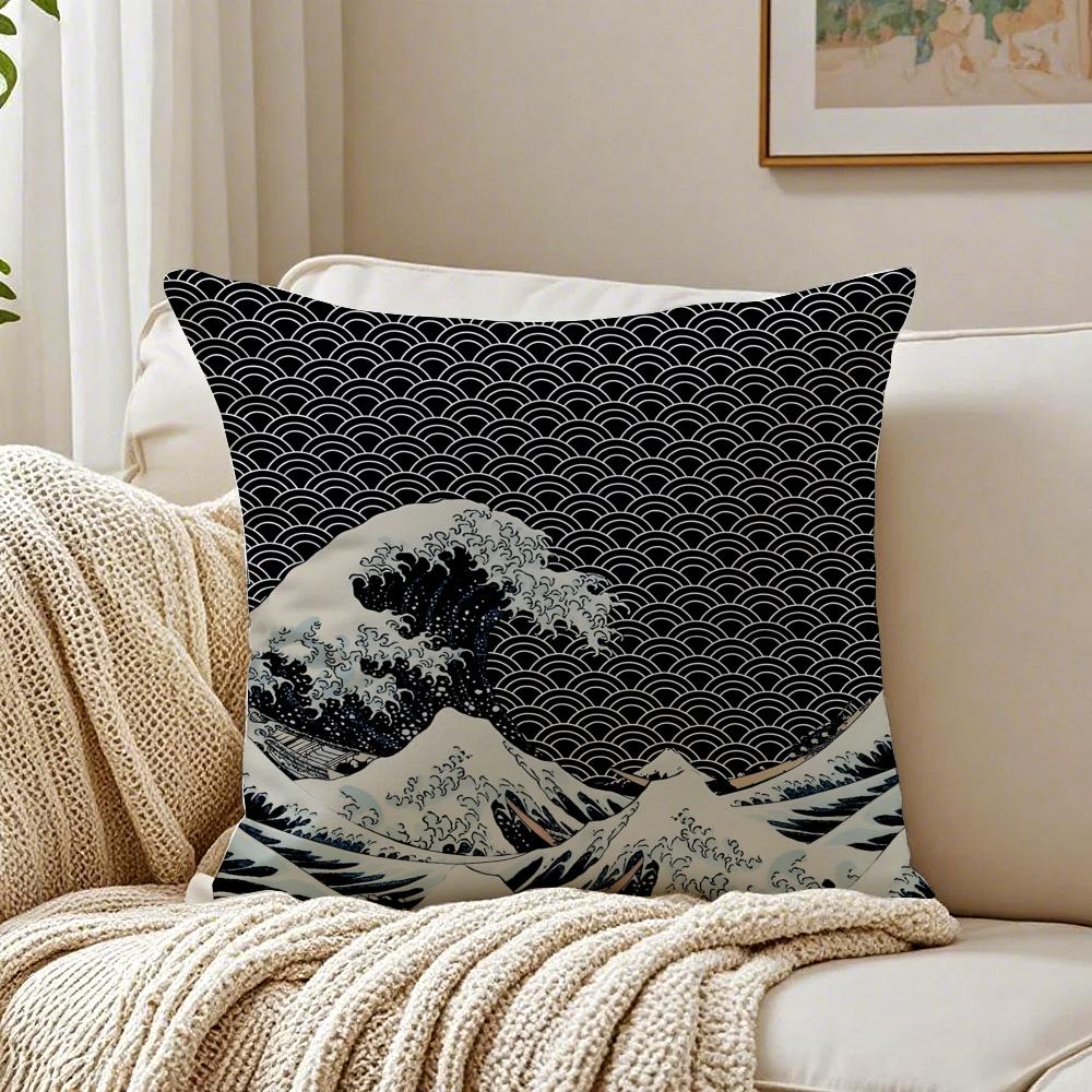 Beautiful Art Japanese Waves Anime Cushion Cover Linen Pillowcase Soft  for Sofa Bed Home Room Decor