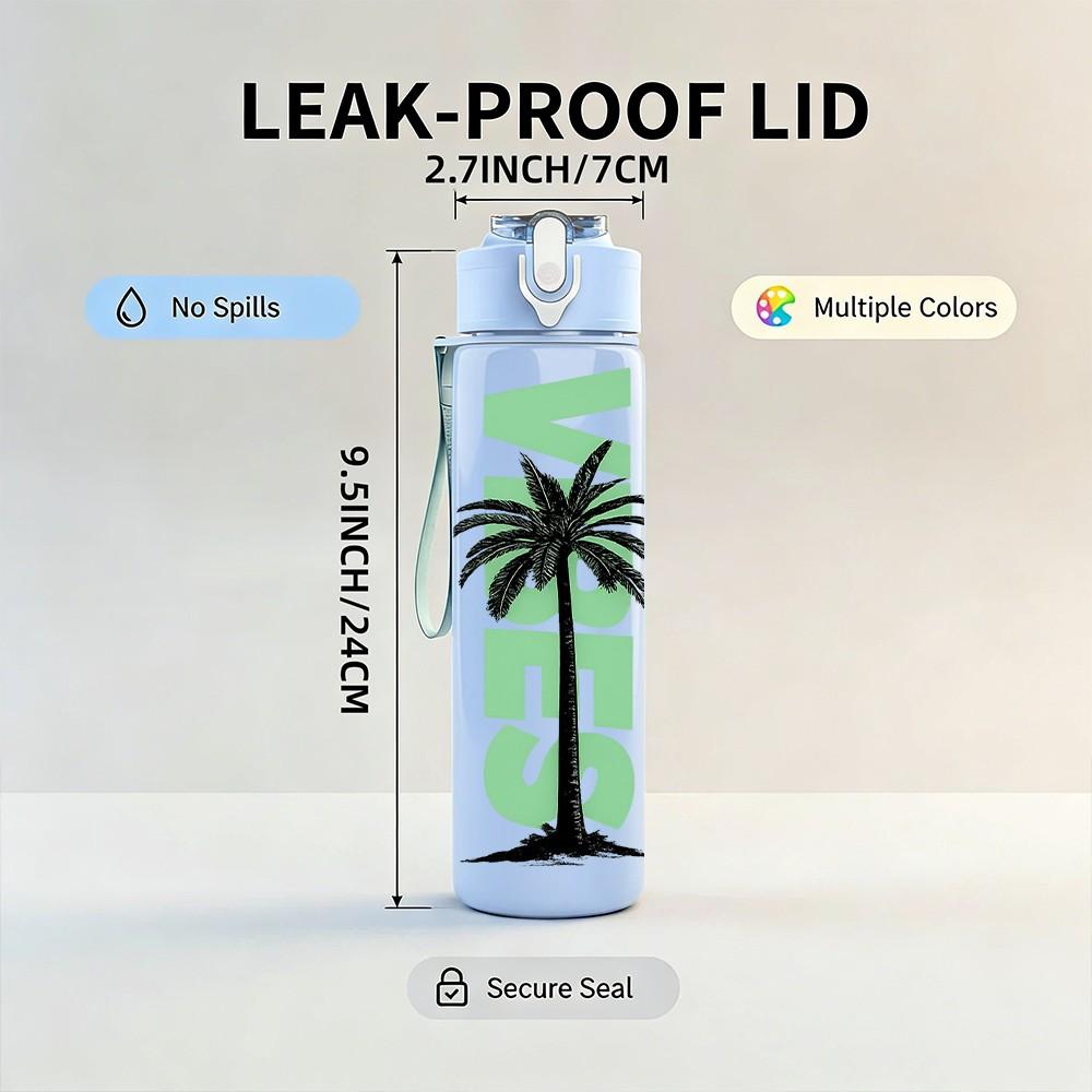 1PC Vibe Palm Tree Simple Line Print 750ml Color Plastic Sports Water Bottle Leakproof Flip Straw Lid Suitable for Sports Office Home Use