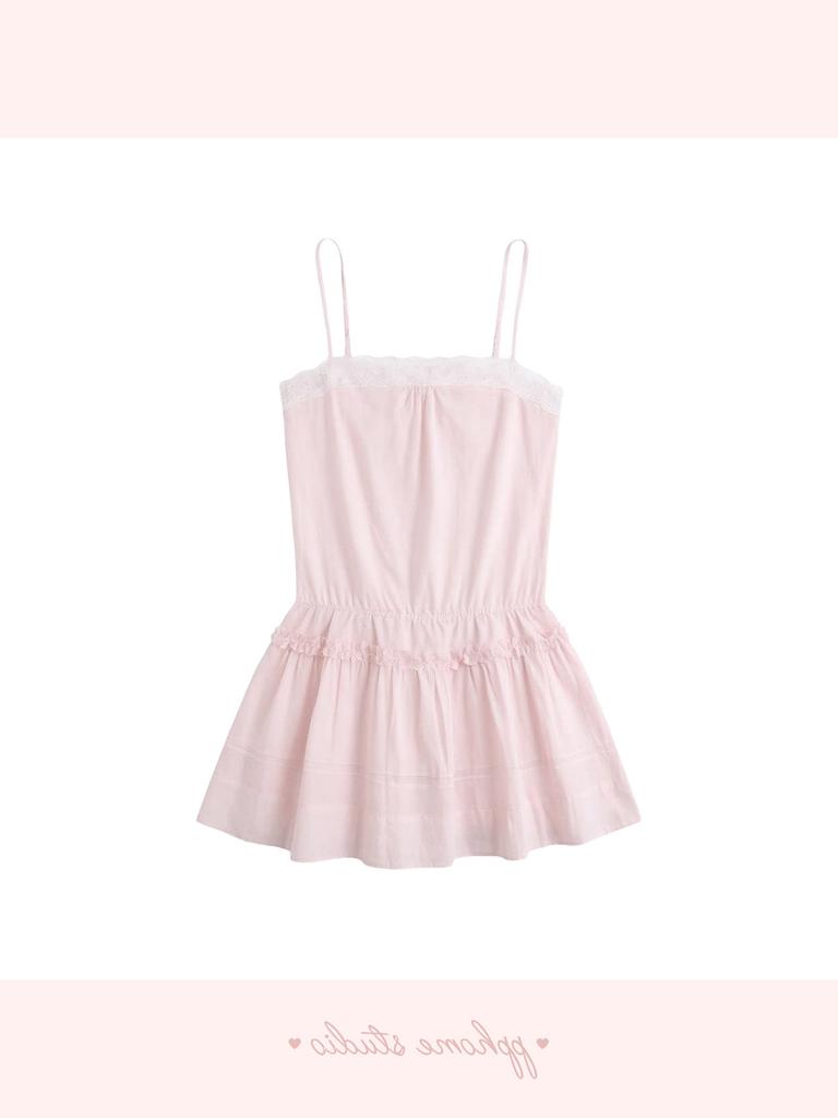 Cotton sweet stacked white suspender dress women's summer waist sexy lace temperament A word short skirt