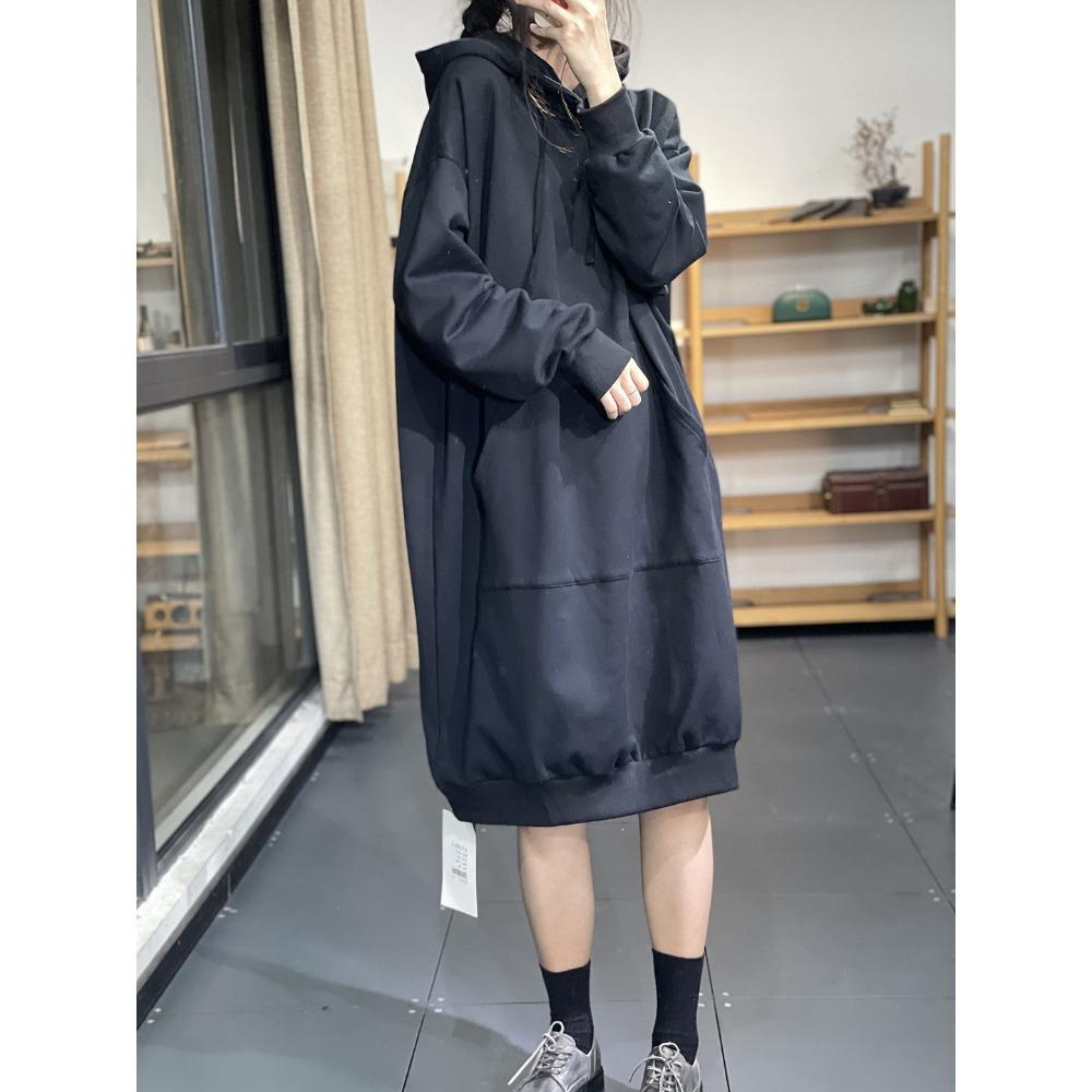 

Осень-зима Новая женская свободная большая трикотажная длинная юбка с капюшоном и бархатным капюшоном Повседневное модное платье Юбка с большим карманом L