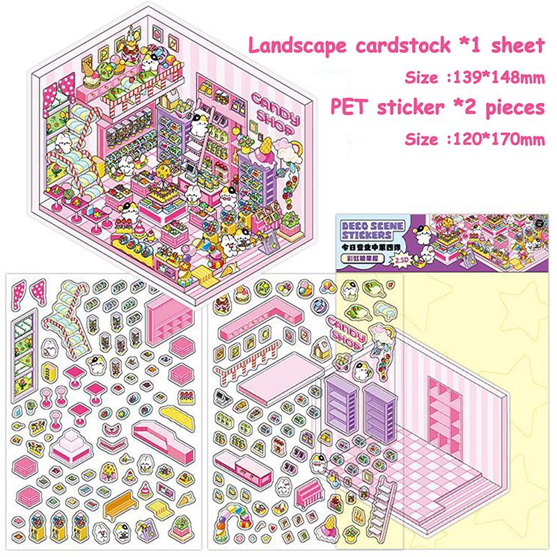 1Set Cartoon 3D Landscape Stickers Pocket Cabin Scene Stacking Pasting Stickers Diy Decoration Stickers Festival Birthday Gifts